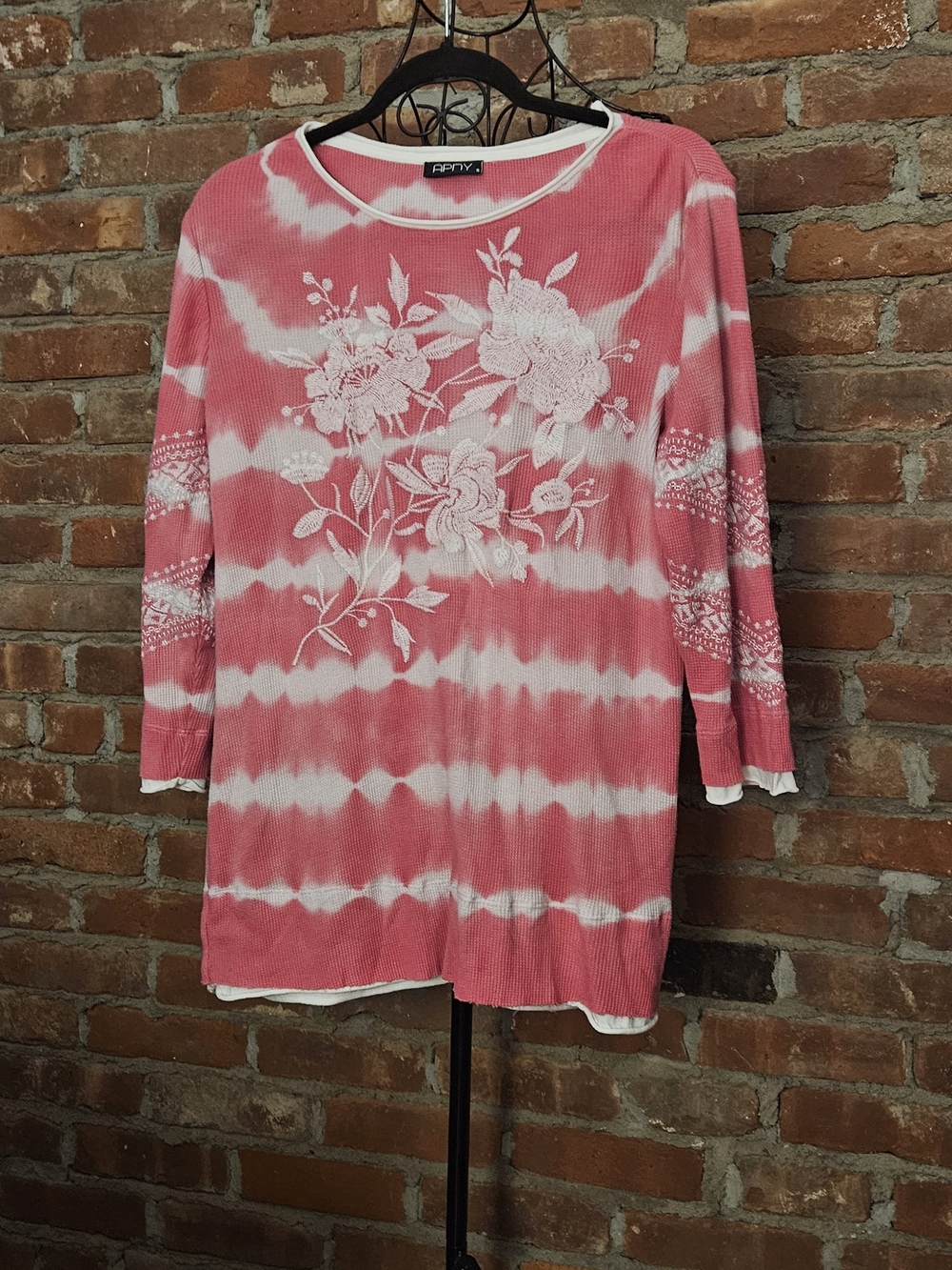 Apny  Pink Tie-Dye Floral Embroidered Long Sleeve Top